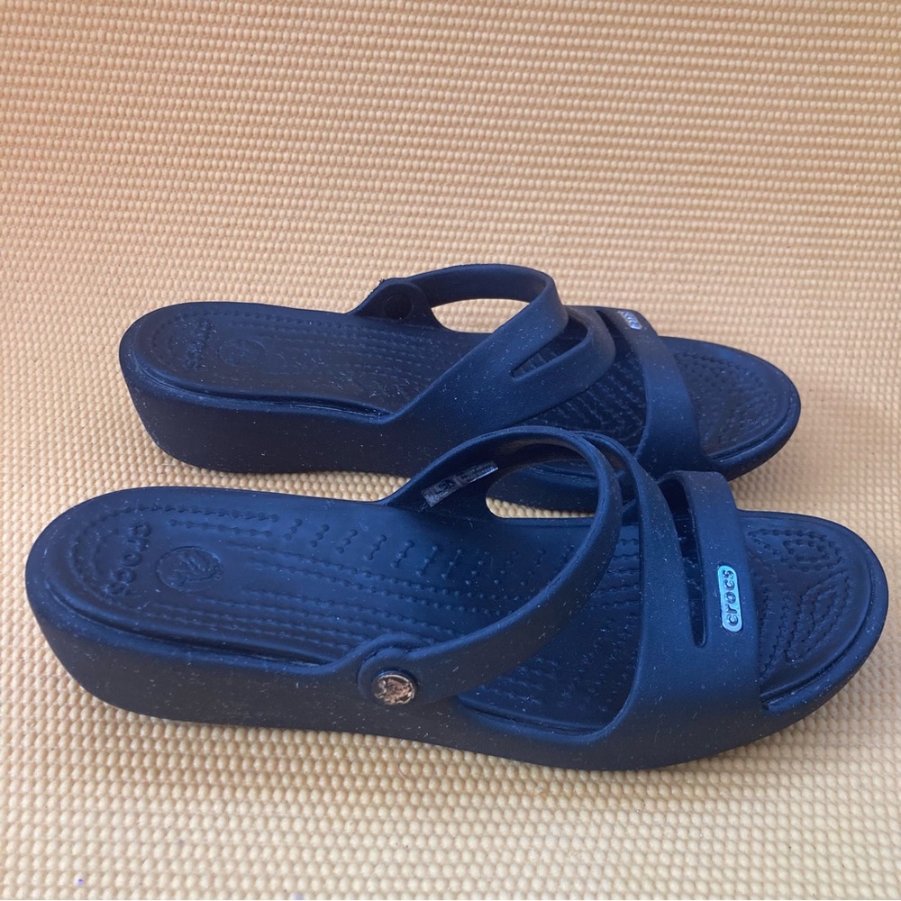 Crocs Patricia Women Black Wedge Sandals Multi Strap Comfort Slides Size 8
